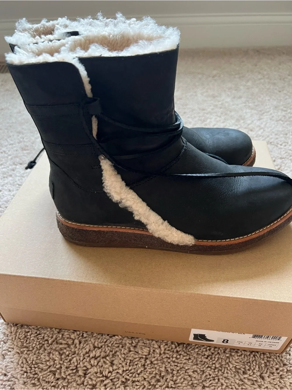 UGG Luisa Black Shearling-Trim Tie Boots